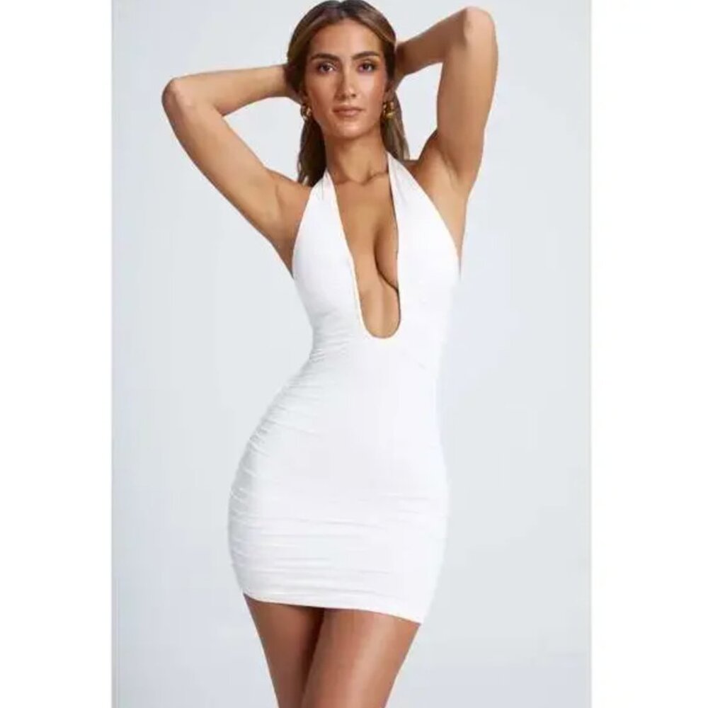Oh Polly Ruched Halterneck Mini Dress in White, US Size 8, UK 12